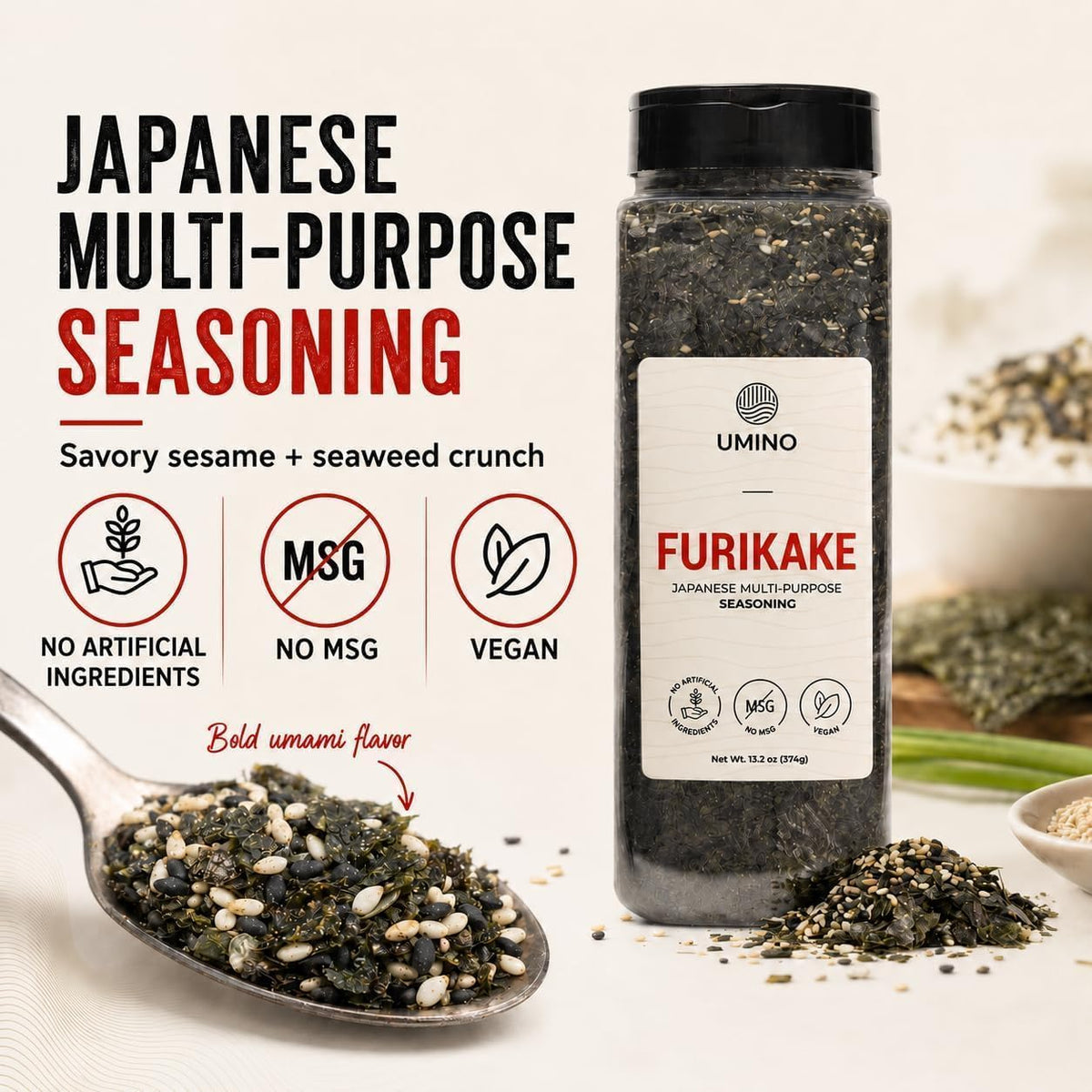 Umino Furikake | Multi-Purpose Japanese Seasoning with Nori, Sesame & Sea Salt | USA Made, Additive & MSG Free | 13.2 oz