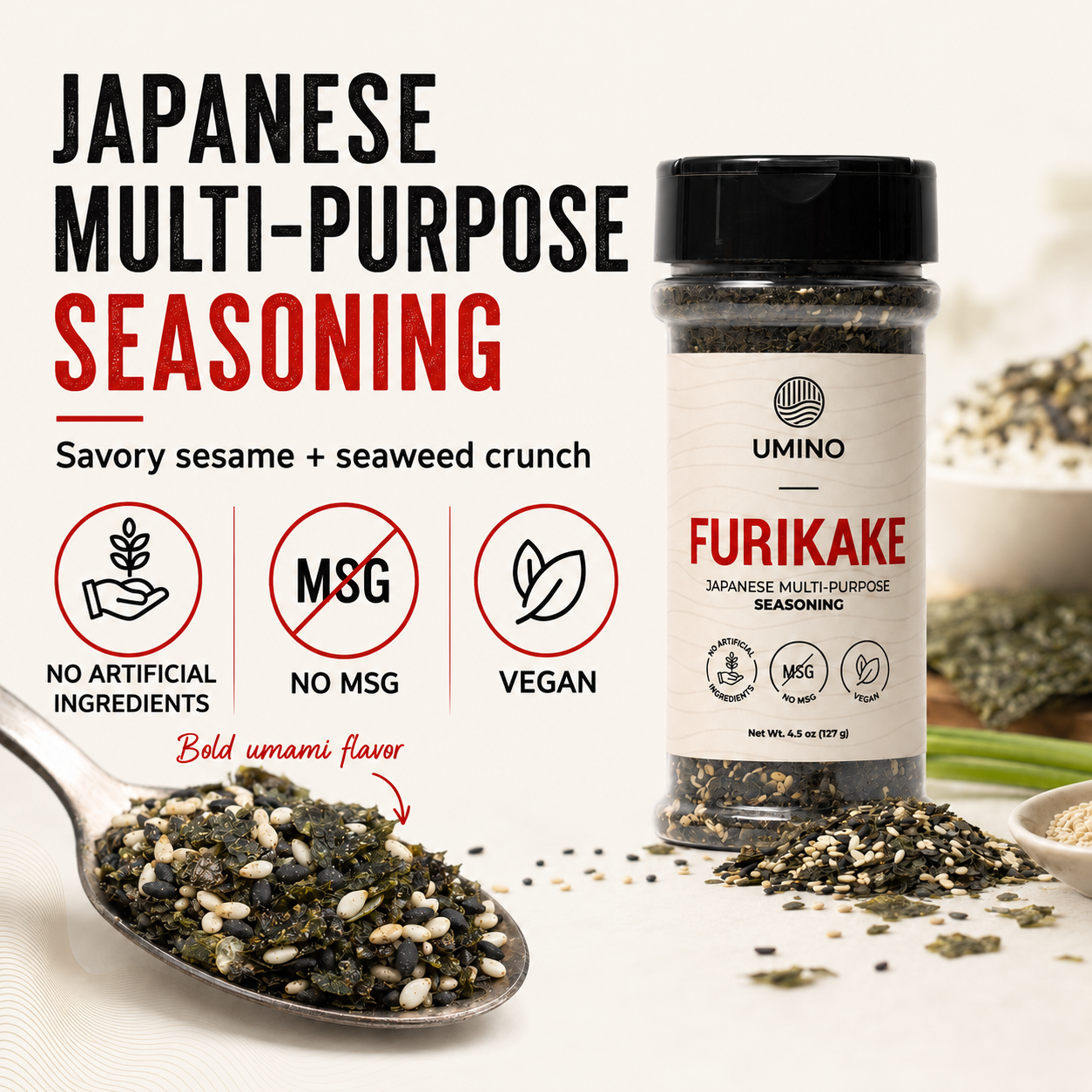 Umino Furikake | Multi-Purpose Japanese Seasoning with Nori, Sesame & Sea Salt | USA Made, Additive & MSG Free | 4.5 oz